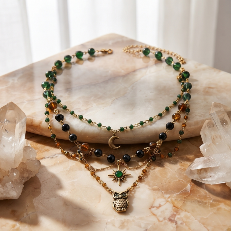 Emerald Forest Owl Layered Bohemian Charm Necklace