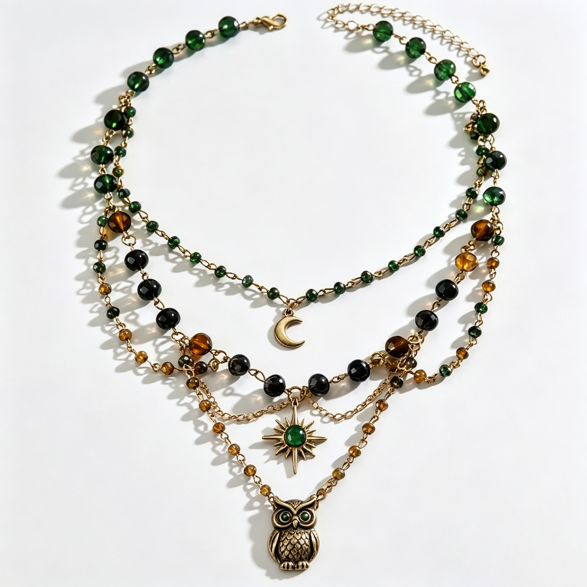 Emerald Forest Owl Layered Bohemian Charm Necklace