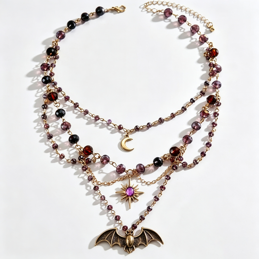 Midnight Bat Celestial Crystal Layered Charm Necklace