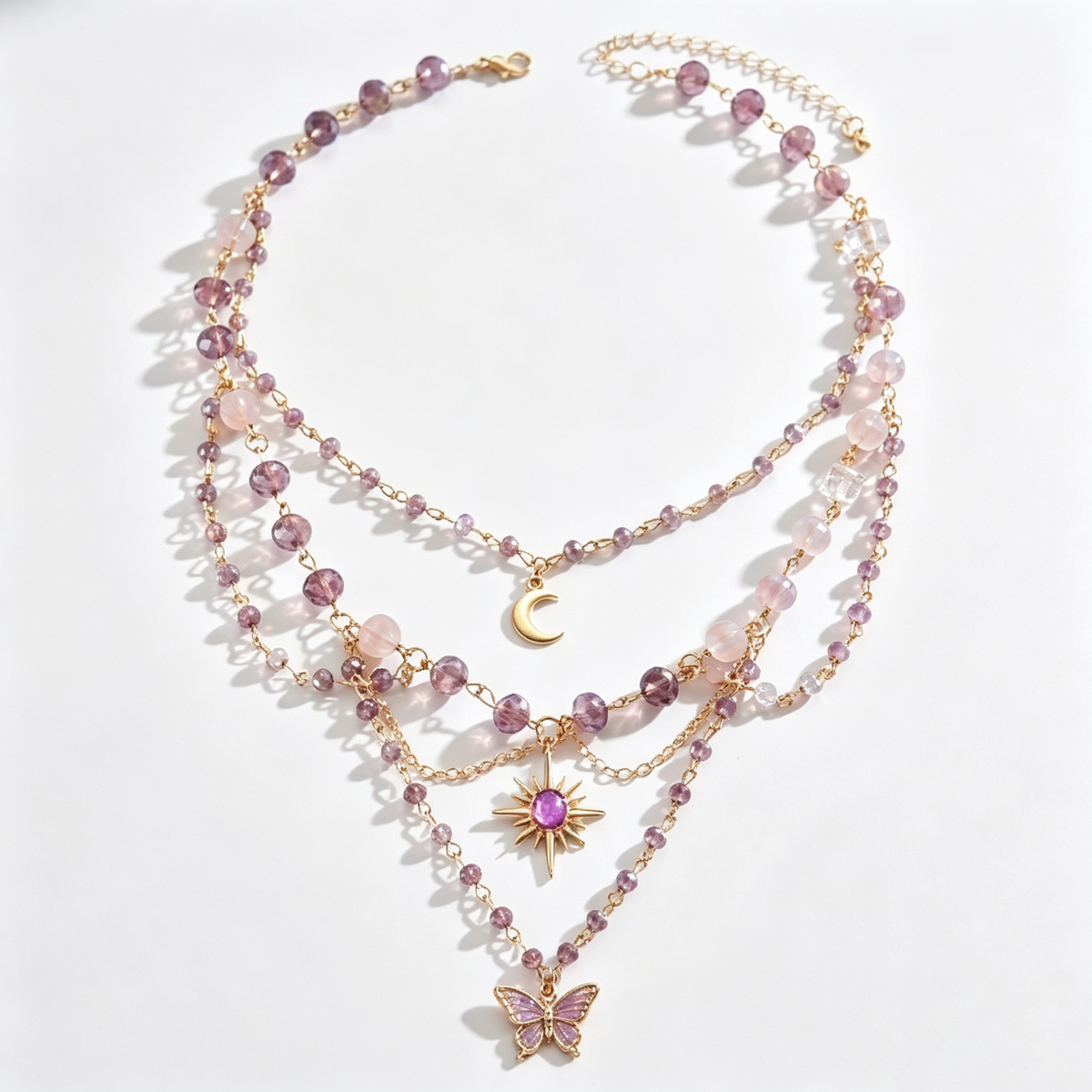 Lavender Butterfly Celestial Crystal Layered Charm Necklace